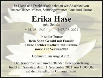 Traueranzeige von Erika Hase (geb. Scholz)  von Magdeburger Volksstimme
