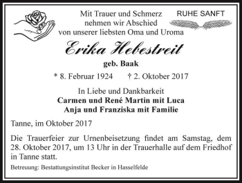 Traueranzeige von Erika Hebestreit (geb. Baak)  von Magdeburger Volksstimme