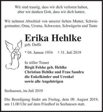 Traueranzeige von Erika Hehlke (geb. Duffe)  von Magdeburger Volksstimme