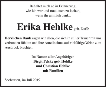 Traueranzeige von Erika Hehlke (geb. Duffe)  von Magdeburger Volksstimme