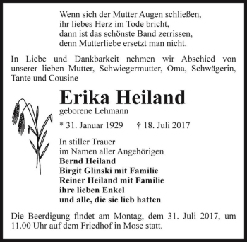 Traueranzeige von Erika Heiland (geb. Lehmann)  von Magdeburger Volksstimme