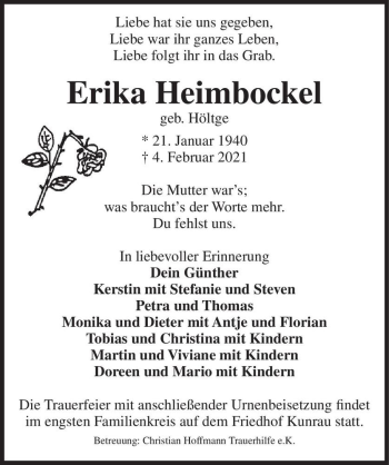 Traueranzeige von Erika Heimbockel (geb. Höltge)  von Magdeburger Volksstimme