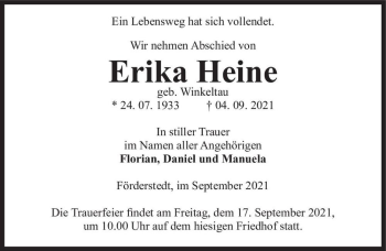 Traueranzeige von Erika Heine (geb. Winkeltau)  von Magdeburger Volksstimme