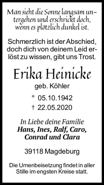 Traueranzeige von Erika Heinicke (geb. Köhler)  von Magdeburger Volksstimme