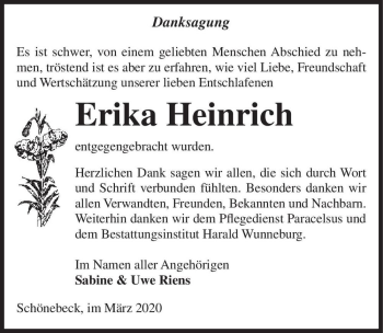 Traueranzeige von Erika Heinrich  von Magdeburger Volksstimme