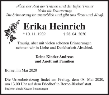 Traueranzeige von Erika Heinrich  von Magdeburger Volksstimme