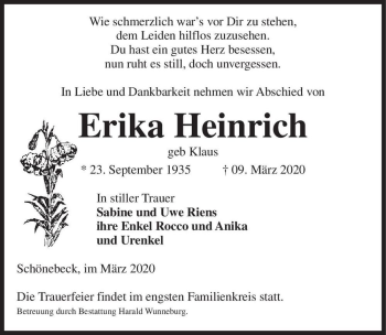 Traueranzeige von Erika Heinrich (geb. Klaus)  von Magdeburger Volksstimme
