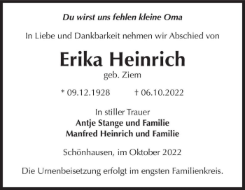 Traueranzeige von Erika Heinrich (geb. Ziem)  von Magdeburger Volksstimme