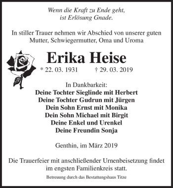Traueranzeige von Erika Heise  von Magdeburger Volksstimme