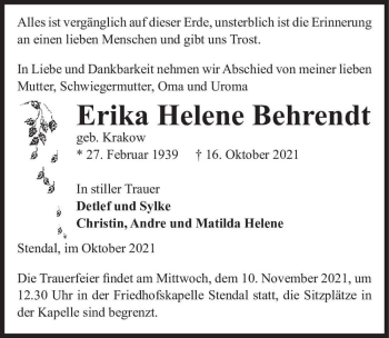 Traueranzeige von Erika Helene Behrendt (geb. Krakow)  von Magdeburger Volksstimme
