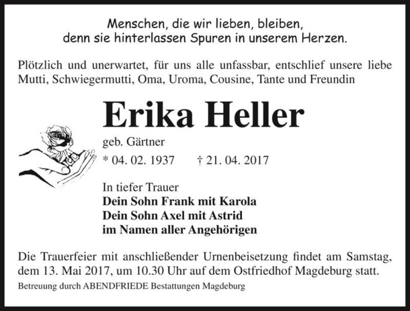  Traueranzeige für Erika Heller (geb. Gärtner)  vom 29.04.2017 aus Magdeburger Volksstimme