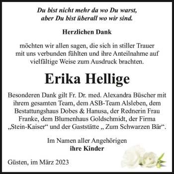 Traueranzeige von Erika Hellige  von Magdeburger Volksstimme