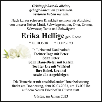 Traueranzeige von Erika Hellige (geb. Raese)  von Magdeburger Volksstimme
