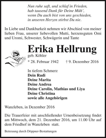 Traueranzeige von Erika Hellrung (geb. Köhler)  von Magdeburger Volksstimme