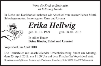 Traueranzeige von Erika Hellwig  von Magdeburger Volksstimme