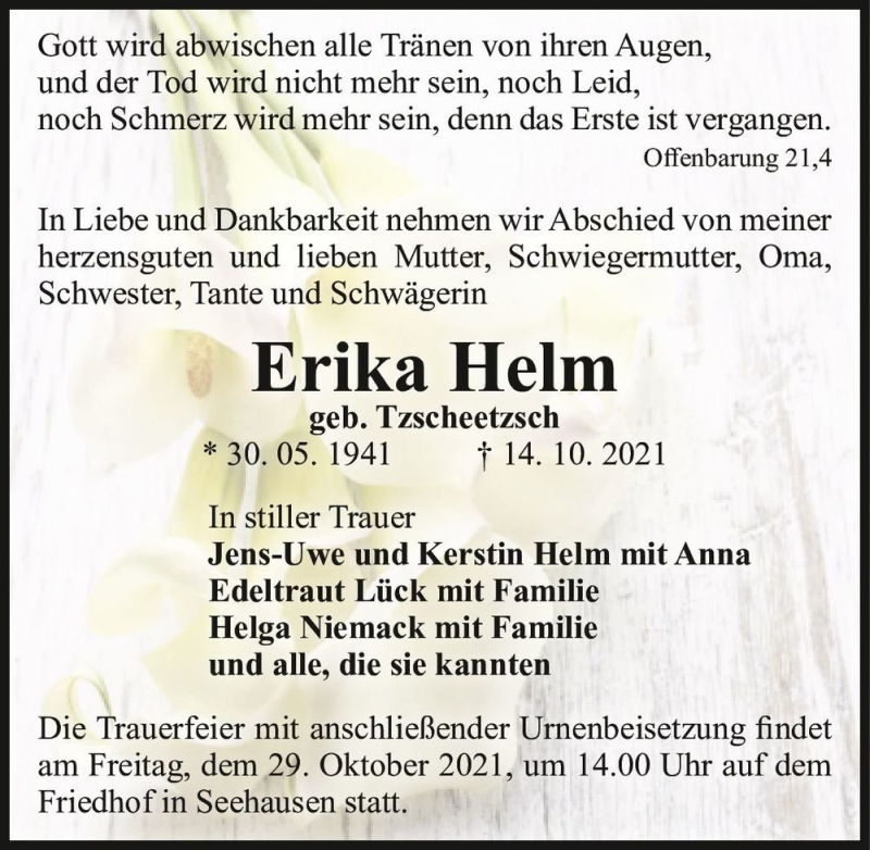  Traueranzeige für Erika Helm (geb. Tzscheetzsch)  vom 23.10.2021 aus Magdeburger Volksstimme