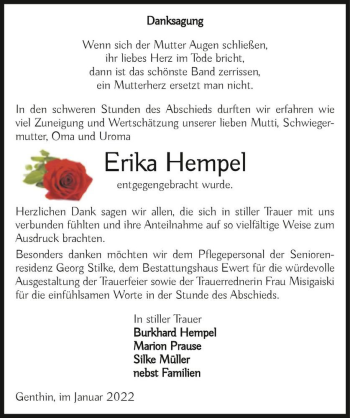 Traueranzeige von Erika Hempel  von Magdeburger Volksstimme