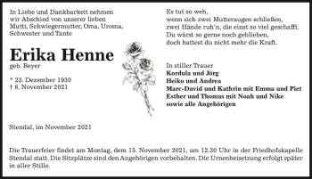 Traueranzeige von Erika Henne (geb. Beyer)  von Magdeburger Volksstimme