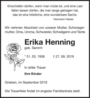 Traueranzeige von Erika Henning (geb. Sammt)  von Magdeburger Volksstimme