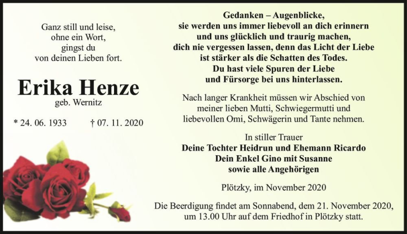  Traueranzeige für Erika Henze (geb. Wernitz)  vom 14.11.2020 aus Magdeburger Volksstimme