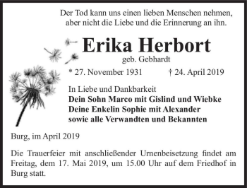 Traueranzeige von Erika Herbort (geb. Gebhardt)  von Magdeburger Volksstimme