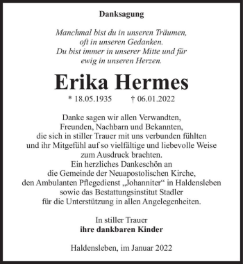 Traueranzeige von Erika Hermes  von Magdeburger Volksstimme