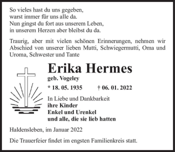 Traueranzeige von Erika Hermes (geb. Vogeley)  von Magdeburger Volksstimme