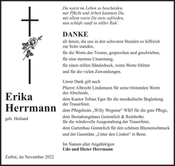 Traueranzeige von Erika Herrmann (geb. Heiland)  von Magdeburger Volksstimme