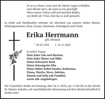 Traueranzeige von Erika Herrmann (geb. Heiland)  von Magdeburger Volksstimme