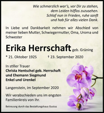 Traueranzeige von Erika Herrschaft (geb. Grüning)  von Magdeburger Volksstimme