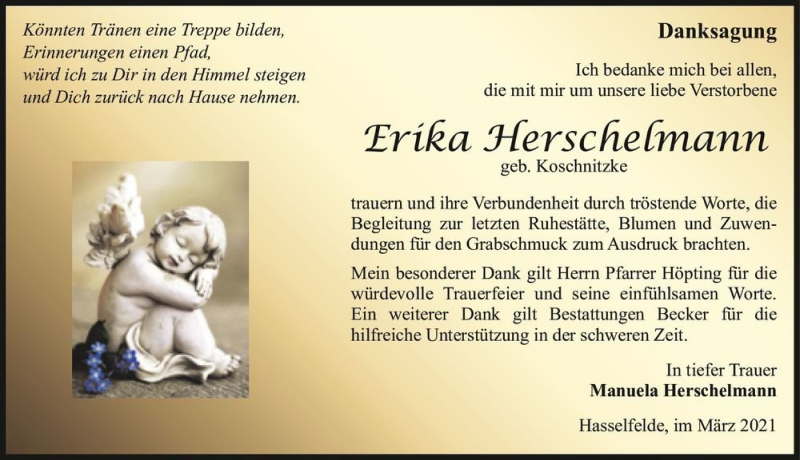  Traueranzeige für Erika Herschelmann (geb. Koschnitzke)  vom 27.03.2021 aus Magdeburger Volksstimme
