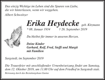 Traueranzeige von Erika Heydecke (geb. Kitzmann)  von Magdeburger Volksstimme