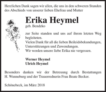 Traueranzeige von Erika Heymel (geb. Bendzko)  von Magdeburger Volksstimme