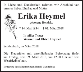 Traueranzeige von Erika Heymel (geb. Bendzko)  von Magdeburger Volksstimme