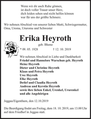 Traueranzeige von Erika Heyroth (geb. Blume)  von Magdeburger Volksstimme