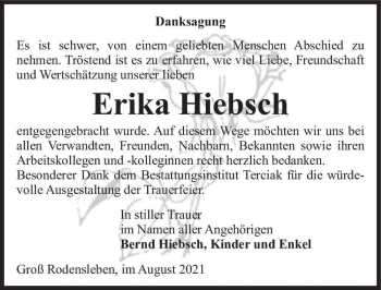 Traueranzeige von Erika Hiebsch  von Magdeburger Volksstimme