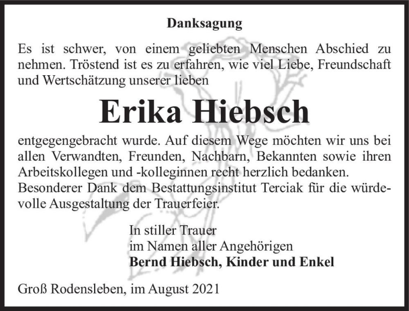  Traueranzeige für Erika Hiebsch  vom 07.08.2021 aus Magdeburger Volksstimme
