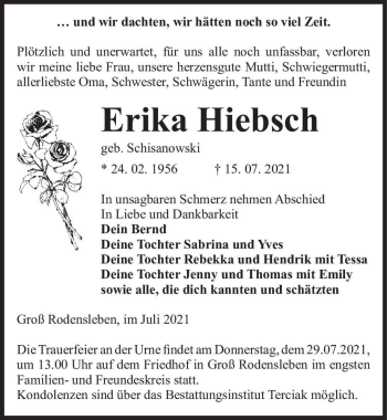 Traueranzeige von Erika Hiebsch (geb. Schisanowski)  von Magdeburger Volksstimme