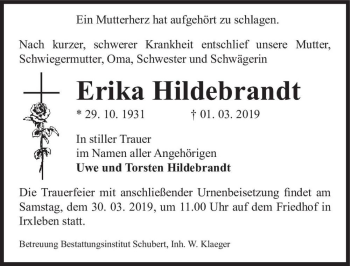 Traueranzeige von Erika Hildebrandt  von Magdeburger Volksstimme