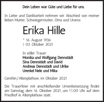 Traueranzeige von Erika Hille  von Magdeburger Volksstimme