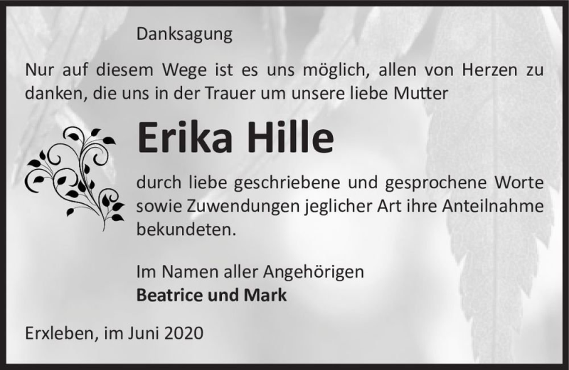 Traueranzeige für Erika Hille  vom 03.07.2020 aus Magdeburger Volksstimme