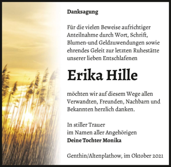 Traueranzeige von Erika Hille  von Magdeburger Volksstimme