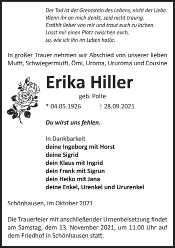 Traueranzeige von Erika Hiller (geb. Polte)  von Magdeburger Volksstimme