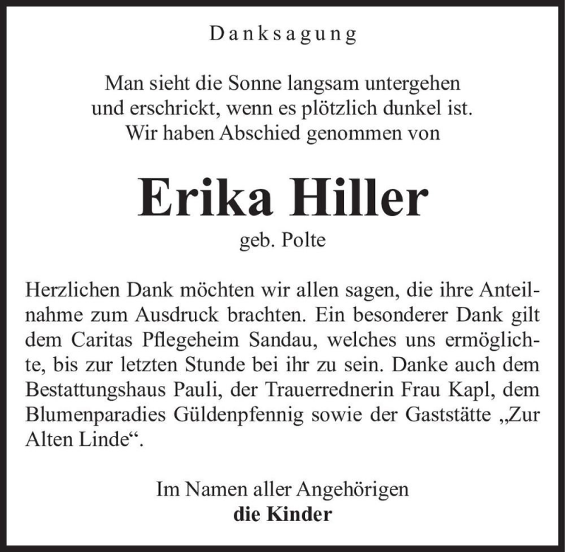  Traueranzeige für Erika Hiller (geb. Polte)  vom 25.11.2021 aus Magdeburger Volksstimme