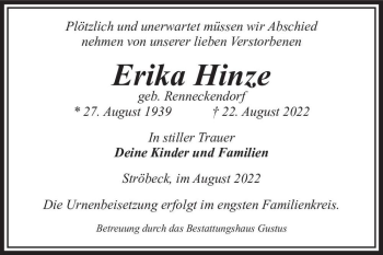 Traueranzeige von Erika Hinze (geb. Renneckendorf)  von Magdeburger Volksstimme