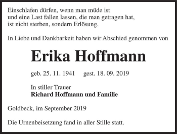 Traueranzeige von Erika Hoffmann  von Magdeburger Volksstimme