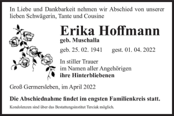 Traueranzeige von Erika Hoffmann (geb. Muschalla)  von Magdeburger Volksstimme