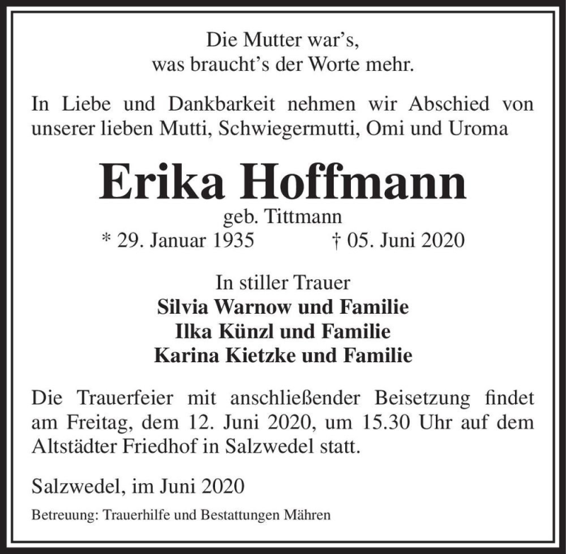  Traueranzeige für Erika Hoffmann (geb. Tittmann)  vom 09.06.2020 aus Magdeburger Volksstimme