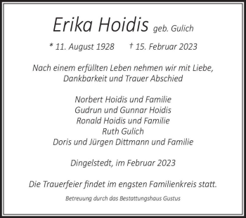 Traueranzeige von Erika Hoidis (geb. Gulich)  von Magdeburger Volksstimme