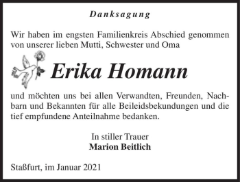 Traueranzeige von Erika Homann  von Magdeburger Volksstimme